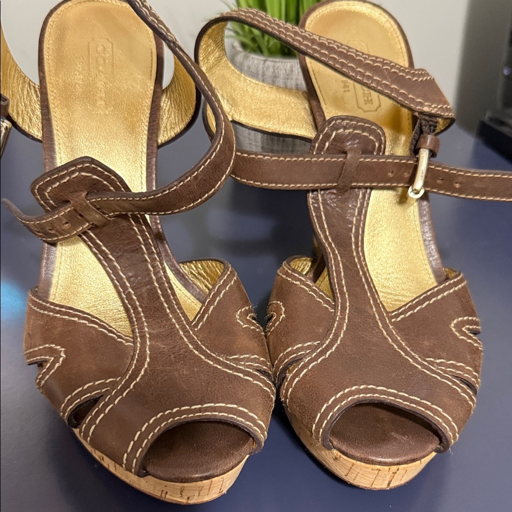 Coach Brown Suede Cork Wedge Sandals - Picture 4 of 7